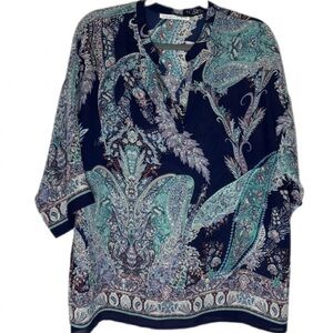 Violet & Claire Blue Printed Sheer Blouse Flat Collar 3/4 sleeves NWOT Size L